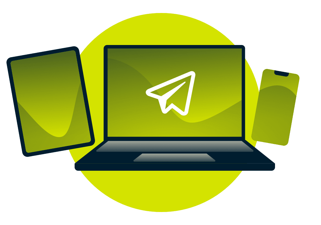 Telegram-logo kannettavassa tietokoneessa, puhelimessa ja tabletissa.