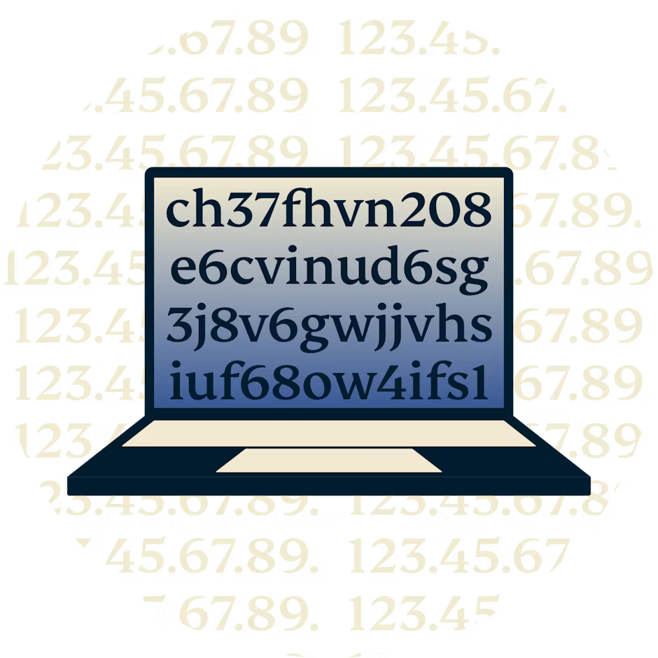 Laptop showing encrypted text.