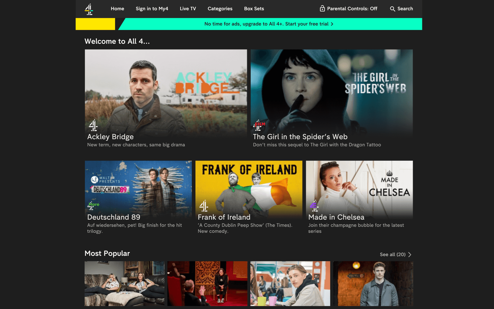 Schermata iniziale e show dell'app All 4 di Channel 4 UK