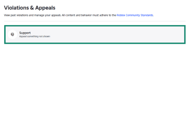 The "Violations & Appeals" section in the Roblox account dashboard. The "Appeal something not shown" button is highlighted