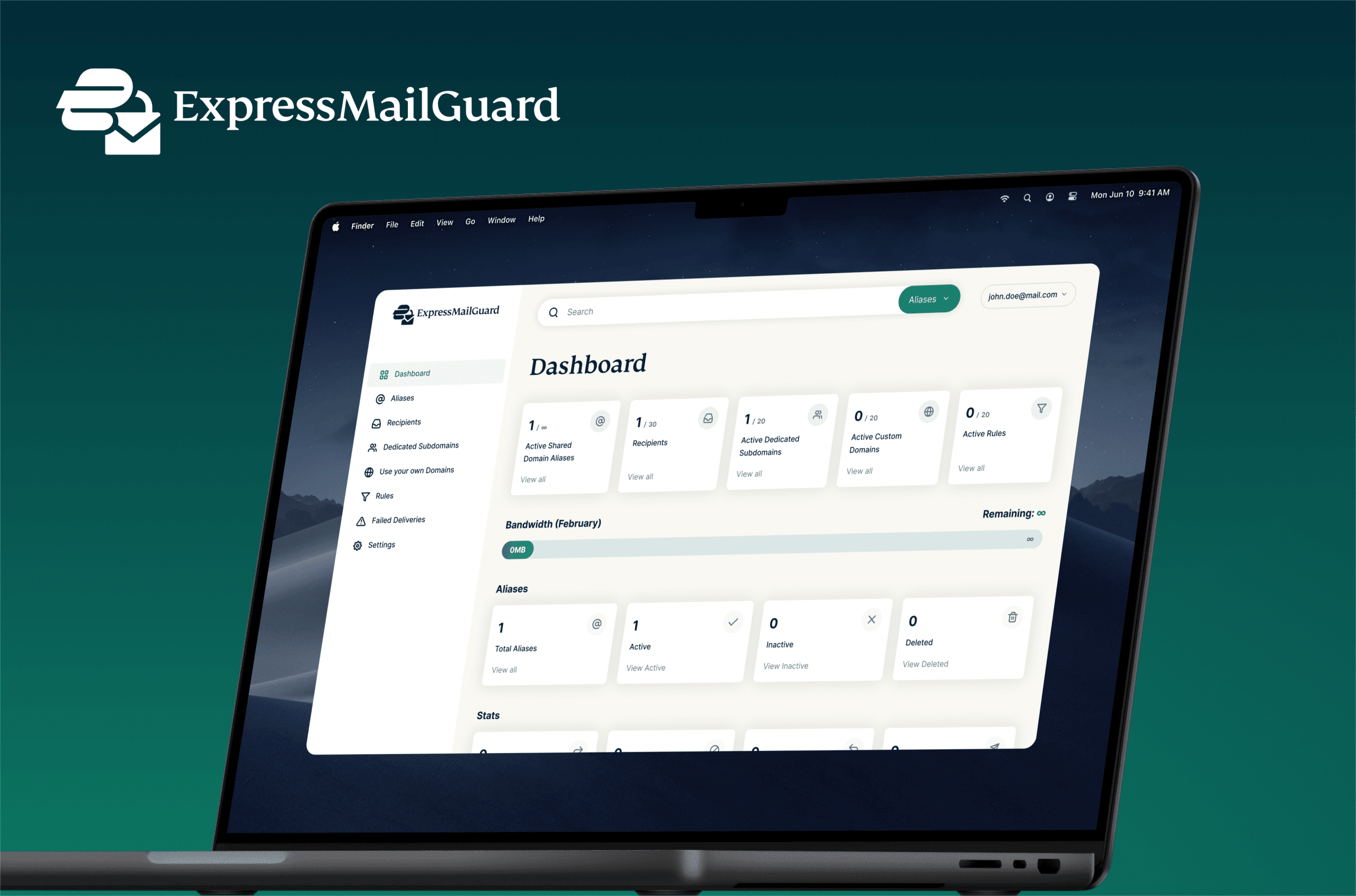 ExpressMailGuard email privacy dashboard on device screen