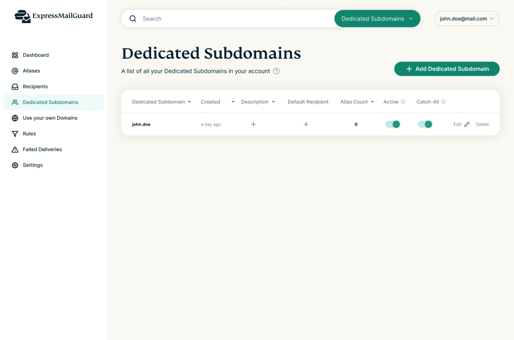 Dedicated subdomains screen in ExpressMailGuard email privacy product