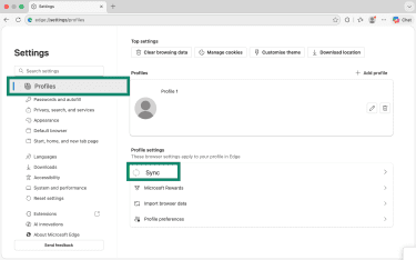 Sync option under Profiles in Microsoft Edge settings.