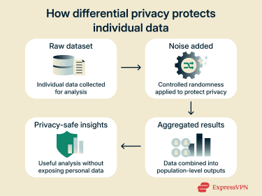graphic showing how raw data is transformed by adding controlled randomness to produce aggregated results that protect individual privacy while enabling analysis.