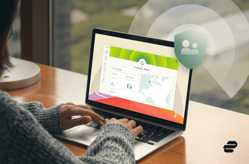 ExpressVPN open on laptop computer with OpenBoundary shield logo in background