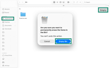 Empty Bin with suspicious app on Mac.