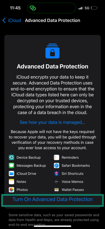 Apple Advanced Data Protection settings.