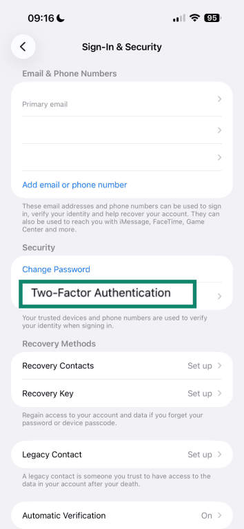 Apple two-factor authentication settings.
