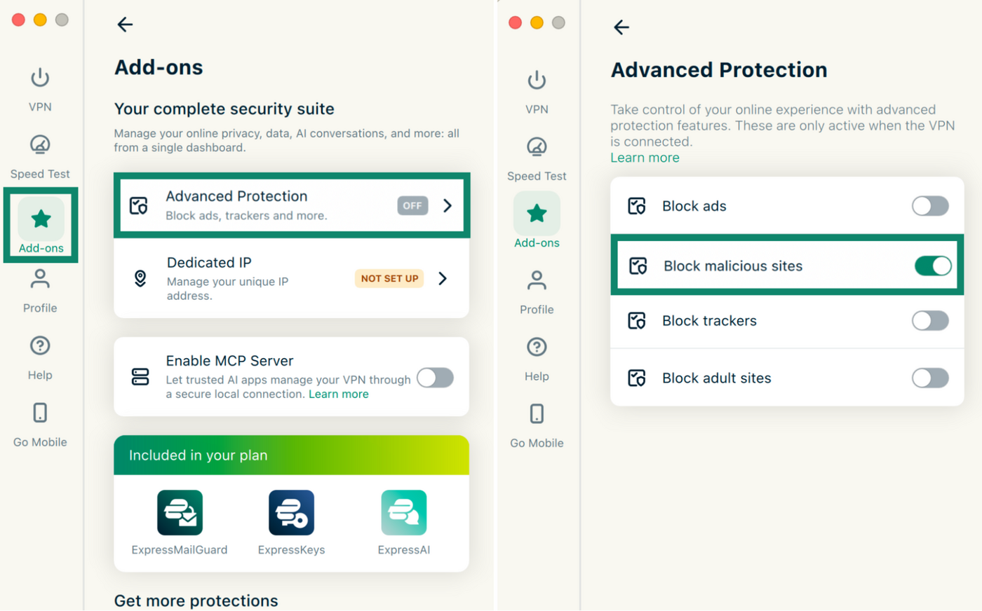 ExpressVPN’s Add-ons menu and Advanced Protection settings with Block malicious sites turned on.