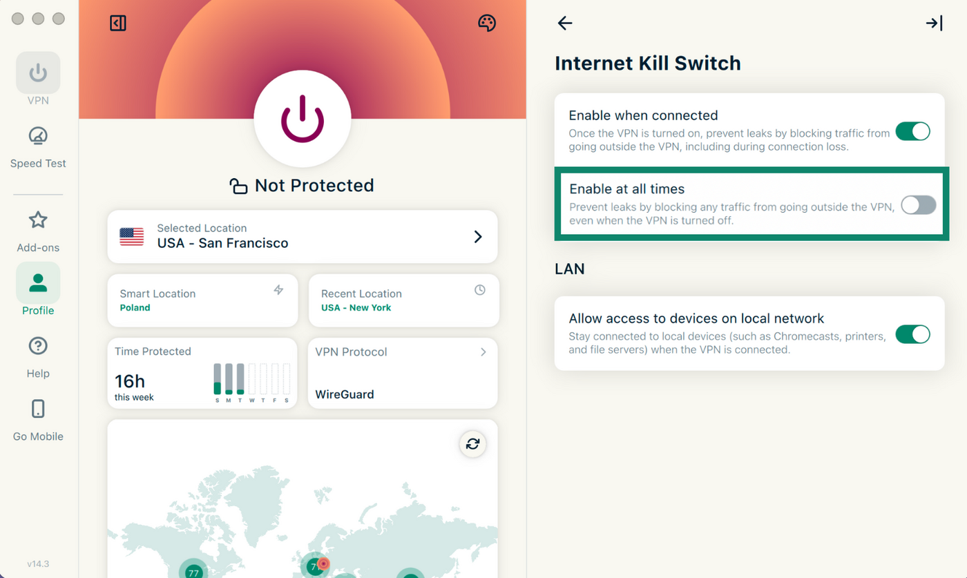 Turning on the Advanced Internet Kill Switch on the ExpressVPN desktop app.