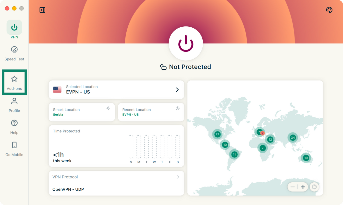 ExpressVPN for Mac with the Add-ons option highlighted in the left menu.