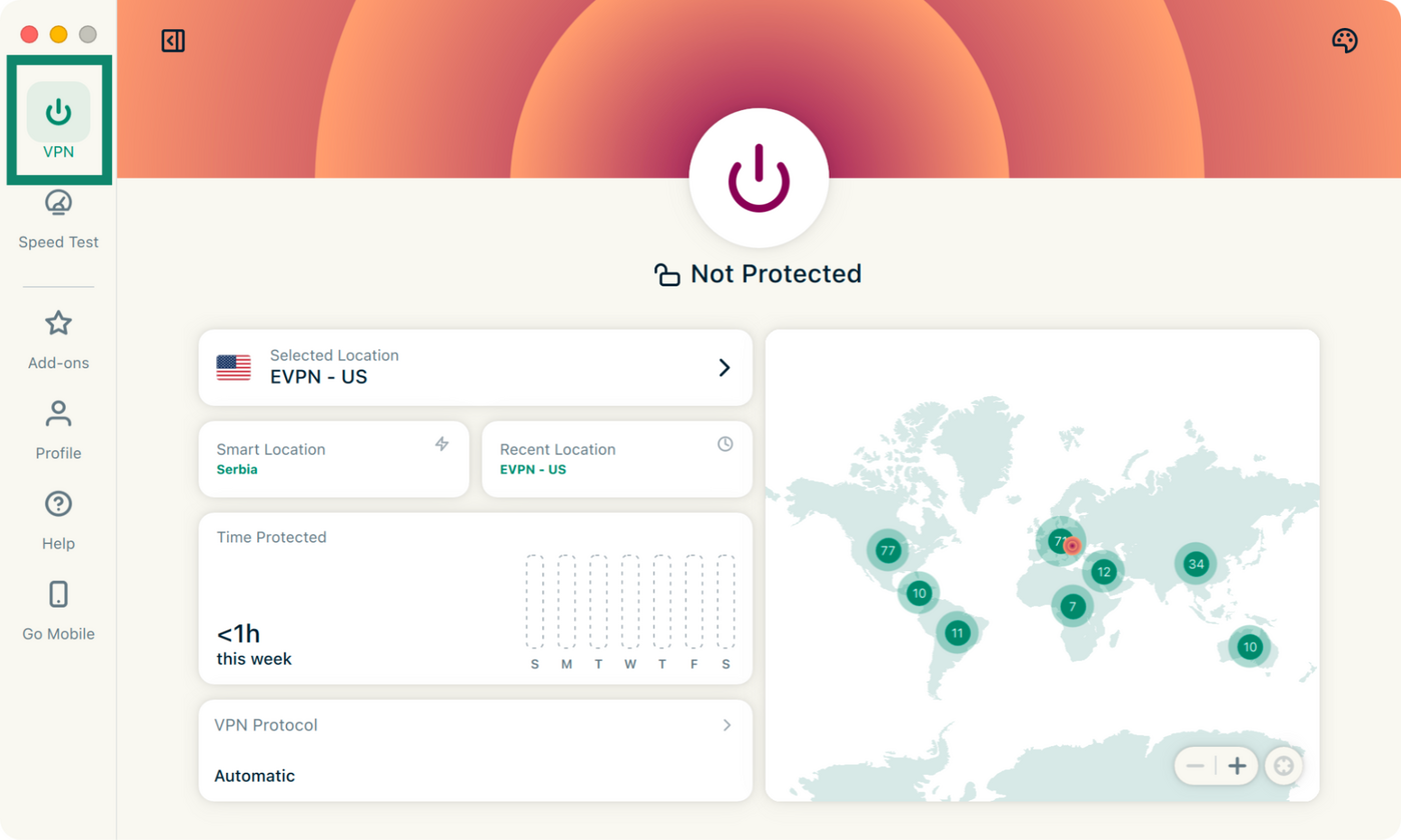 ExpressVPN for Mac showing the VPN tab selected.