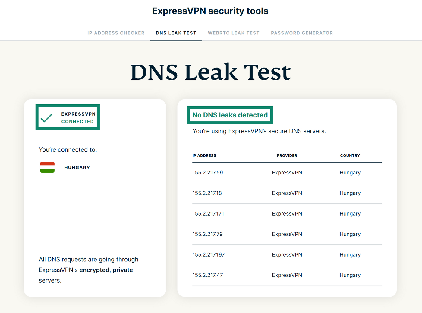 ExpressVPN DNS leak tool page, showing highlighted "Connected" and "No DNS leaks detected" messages.