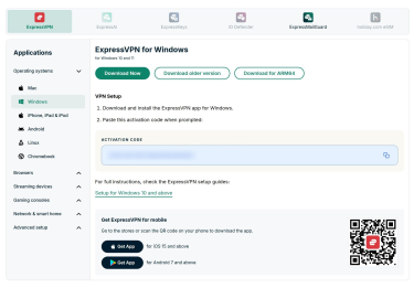 ExpressVPN+ account dashboard, showing the app setup page.