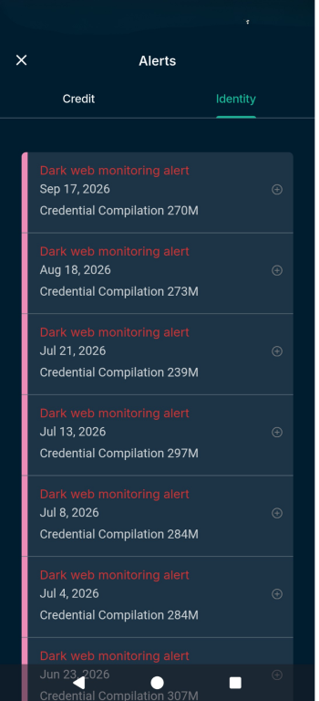 The Identity Defender Identity Alerts screen, showing ID alerts to choose from.
