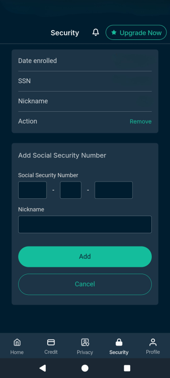 The Identity Defender field to enter a new SSN for monitoring.